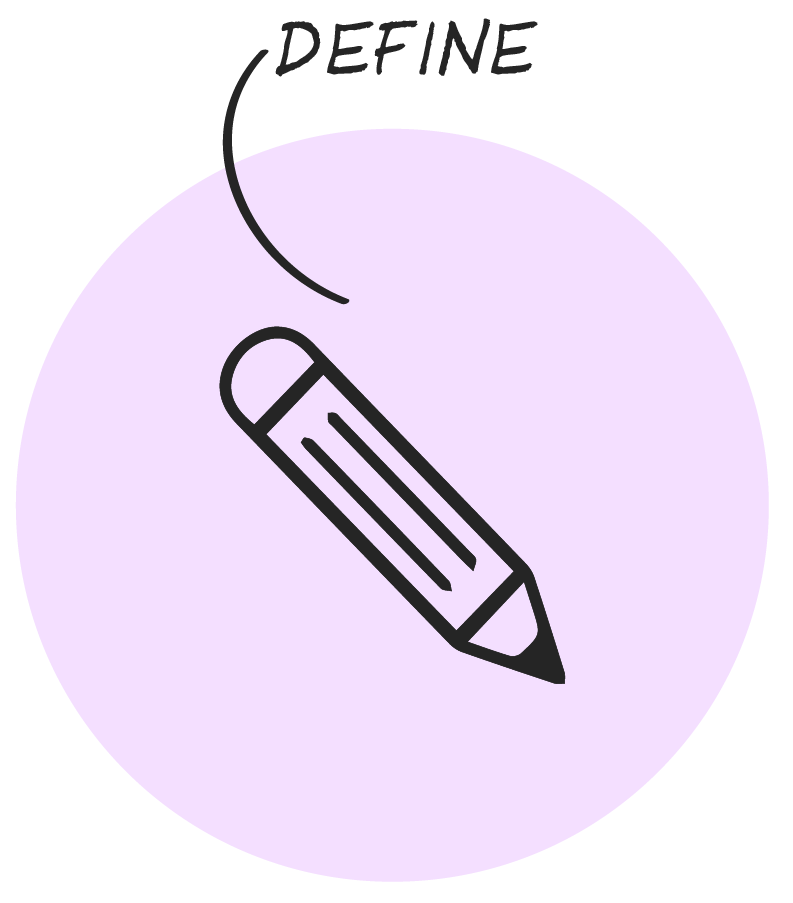 Drawing of a pencil, with the word define