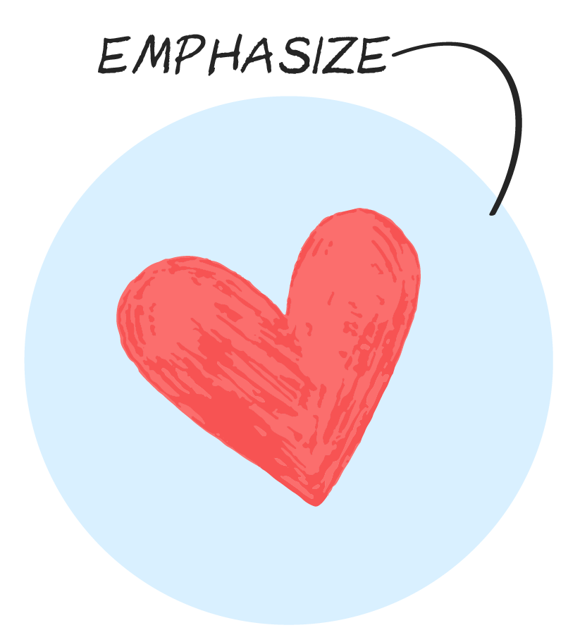 Drawing of a heart, with the word emphasize