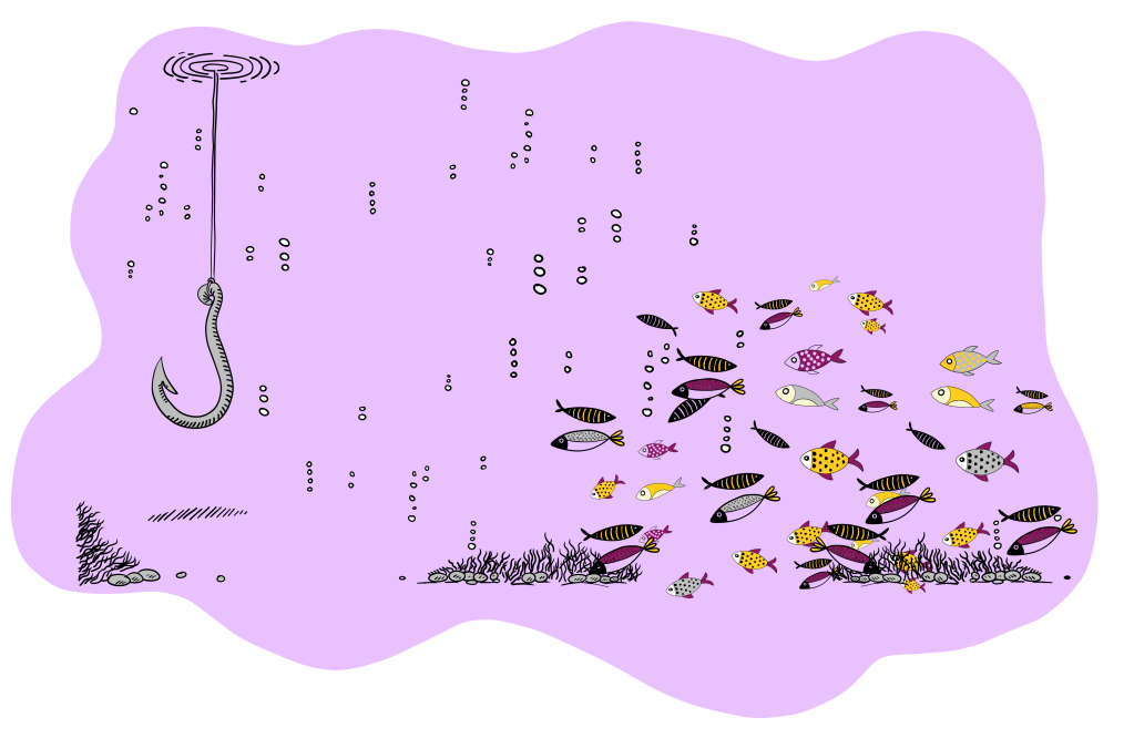 Underwater scenery drawing depicting a hook far away from a shoal of fish